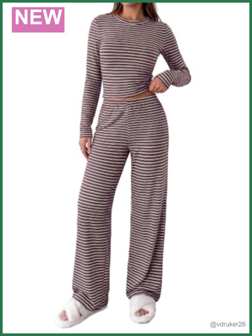 PRETTYGARDEN Women's 2 Piece Knit Lounge Set Striped Long Sleeve Crop Top &